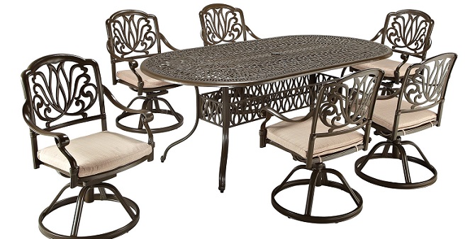 the 7-pieces Artie dining set for outdoor patios