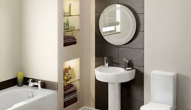 vertical shelves created inside the wall in a bathroom